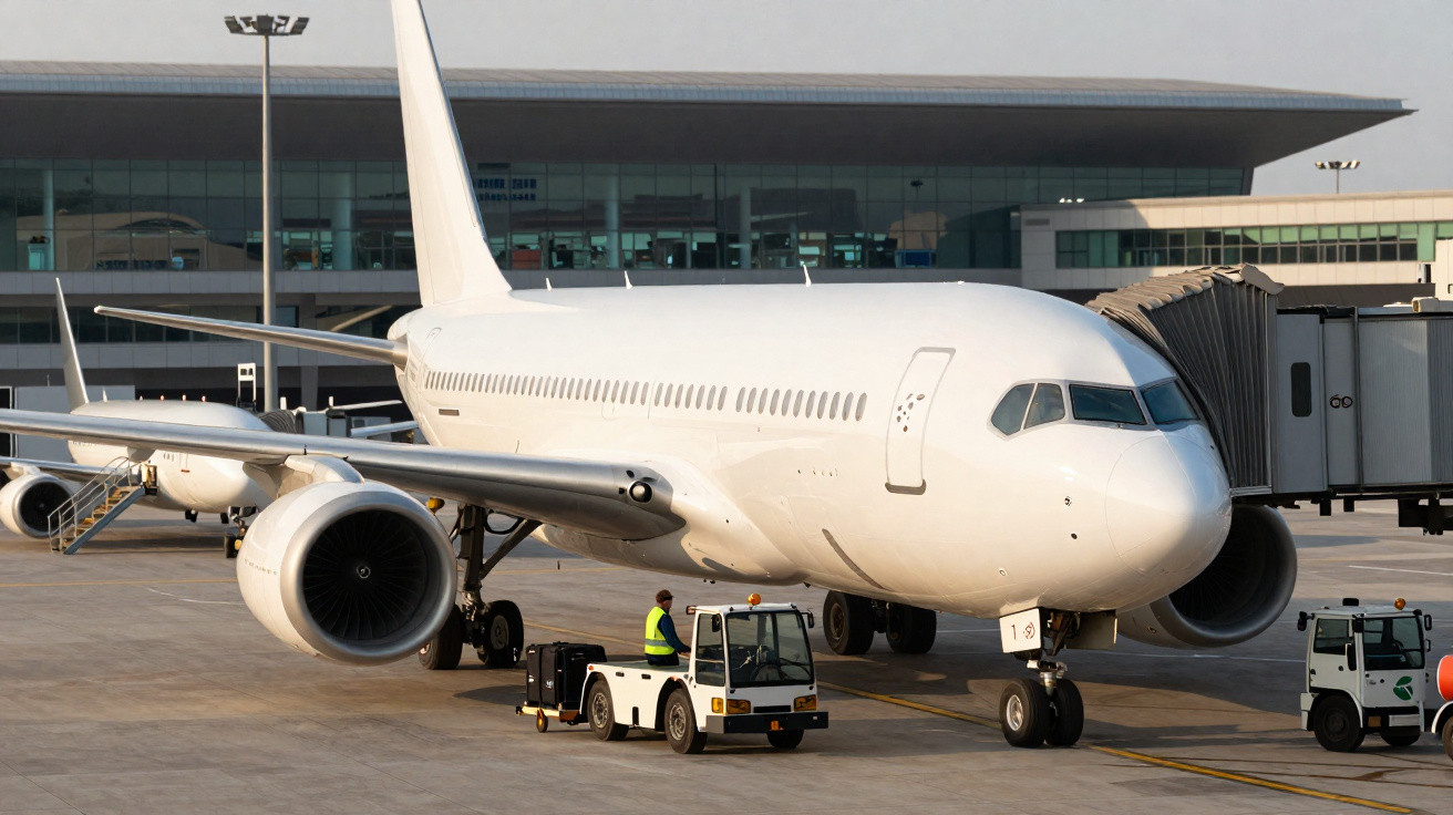 Avião branco estacionado em portão de aeroporto com funcionários e veículos de apoio no pátio.