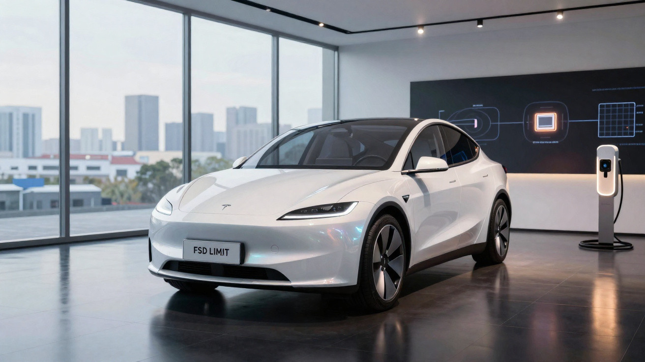 Carro elétrico branco Tesla estacionado em showroom moderno com carregador ao lado e vista urbana ao fundo.