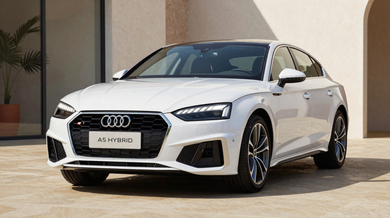 Carro Audi A5 Hybrid branco estacionado em área externa com parede ao fundo.