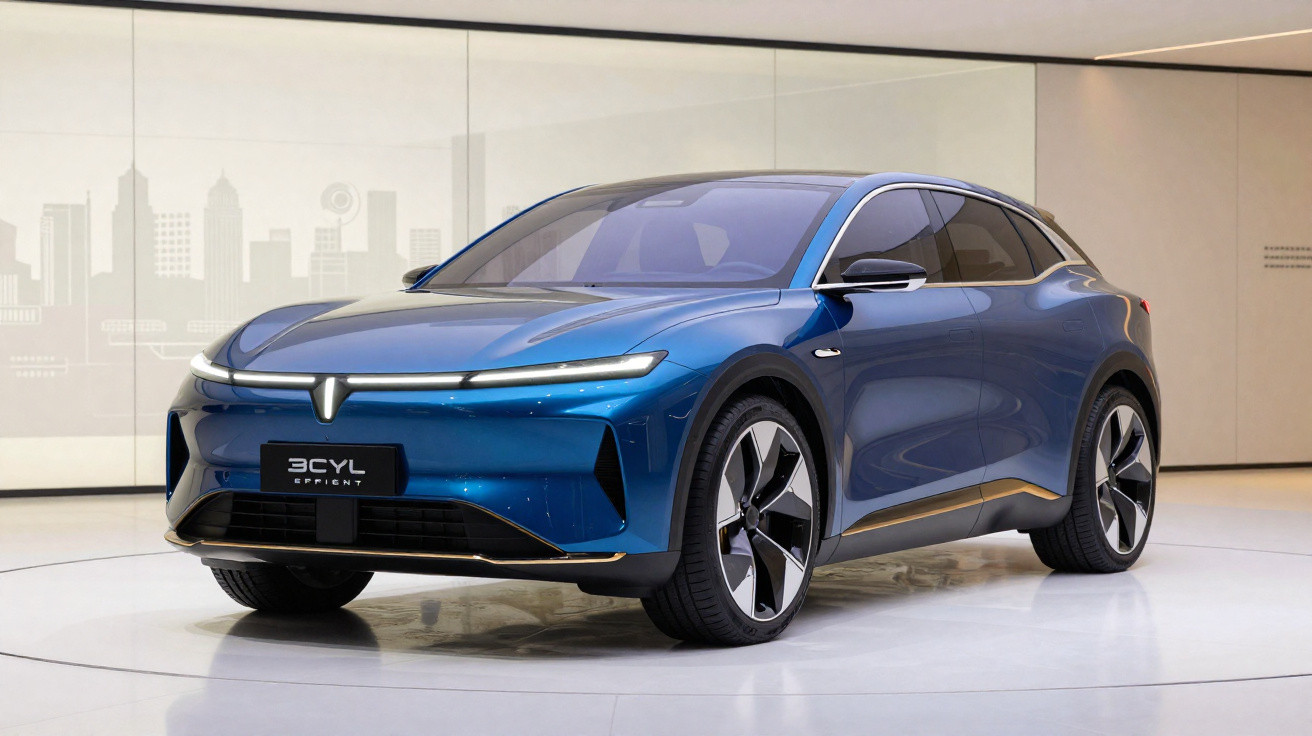 Carro elétrico azul com design moderno exibido em ambiente interno minimalista.