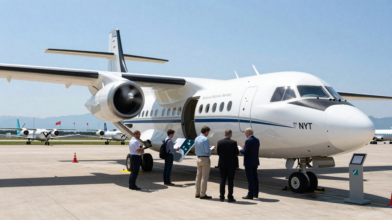 Avião executivo branco parado no aeroporto com cinco pessoas conversando próximas à porta aberta.