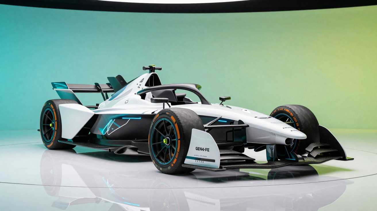 Carro de Fórmula 1 moderno com design aerodinâmico em tons branco, preto e azul em fundo gradiente.