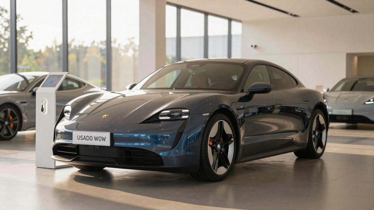 Carro esportivo elétrico azul Porsche Taycan exposto em showroom moderno com placa "USADO WOW".