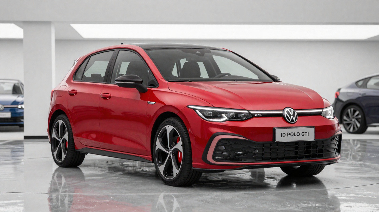Carro vermelho Volkswagen ID Polo GTI estacionado em ambiente interno com piso refletivo.