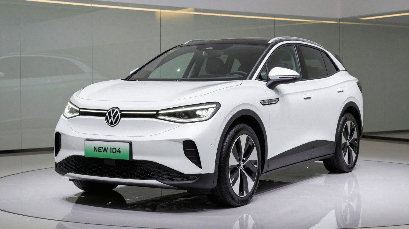 Carro elétrico Volkswagen ID4 branco, vista frontal em ambiente interno moderno.