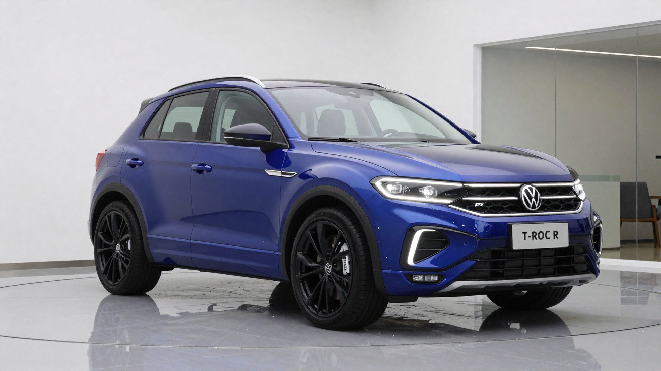 Carro Volkswagen T-Roc R azul estacionado em ambiente interno moderno com piso refletivo.