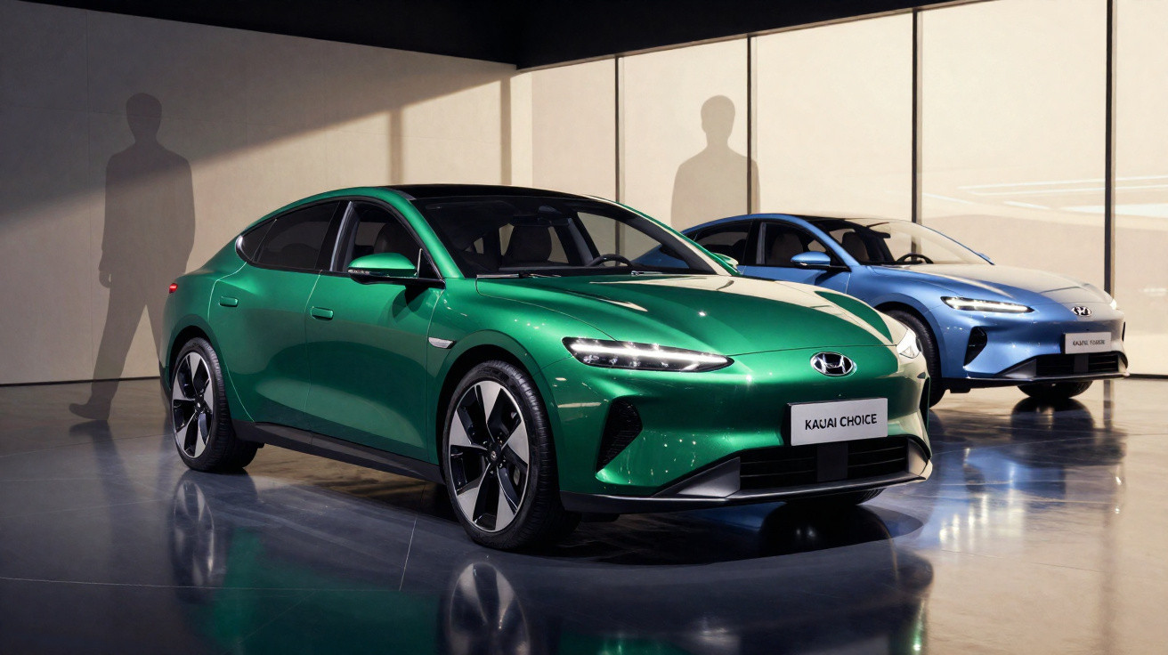 Dois carros elétricos Hyundai Kauai em verde e azul em exposição com sombras na parede.