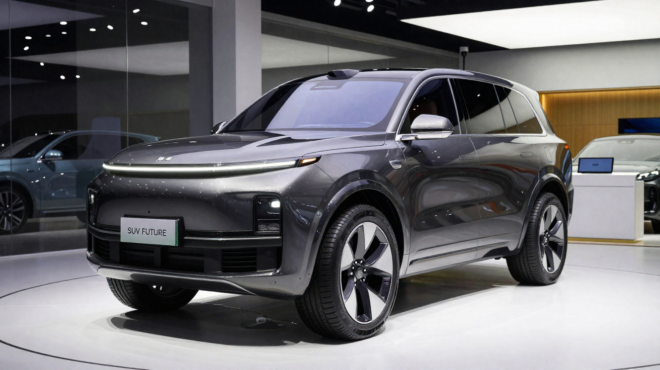 SUV elétrico cinza metálico em exposição, com design moderno e faróis estreitos em ambiente interno.