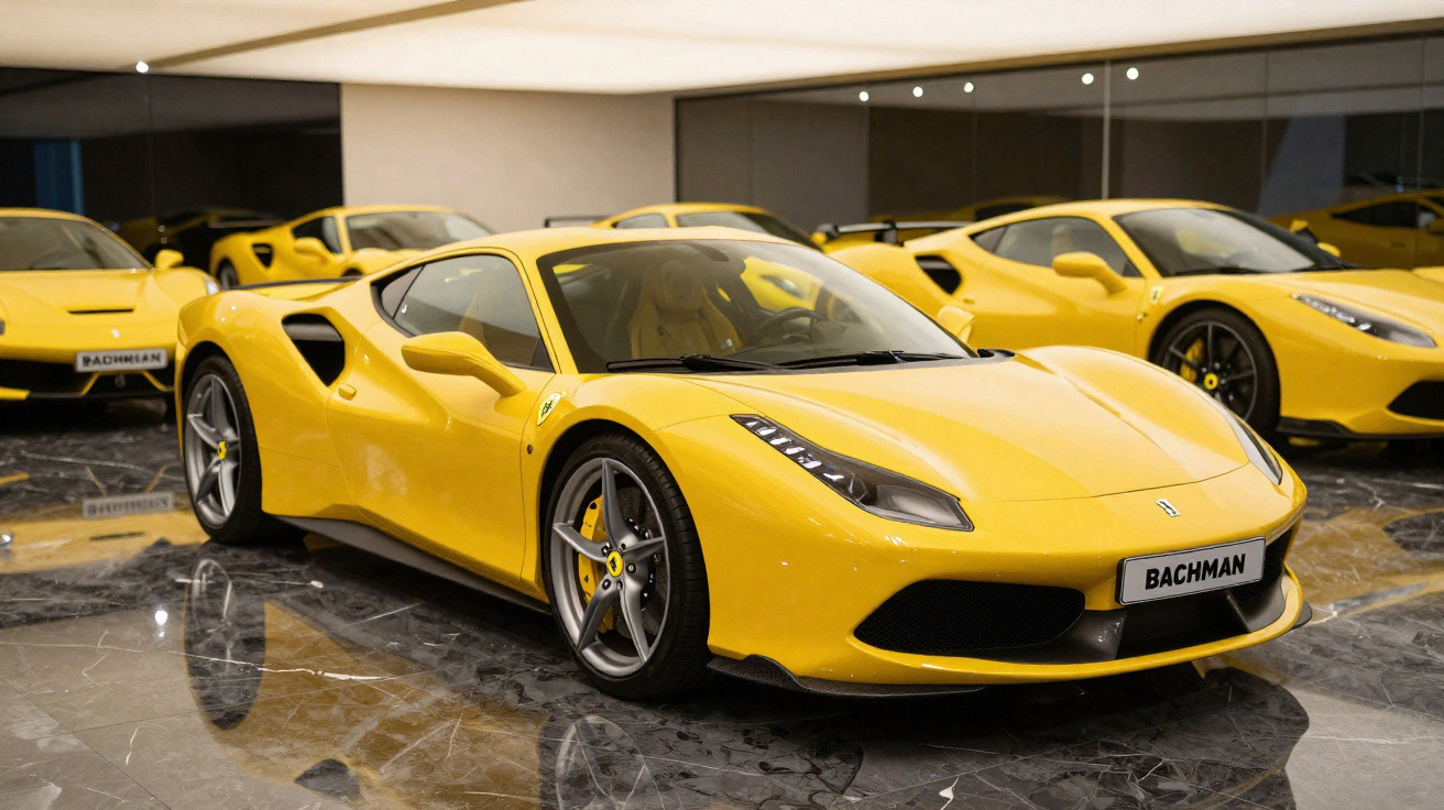 Carro esportivo amarelo estacionado em showroom com piso de mármore e outros carros ao fundo.