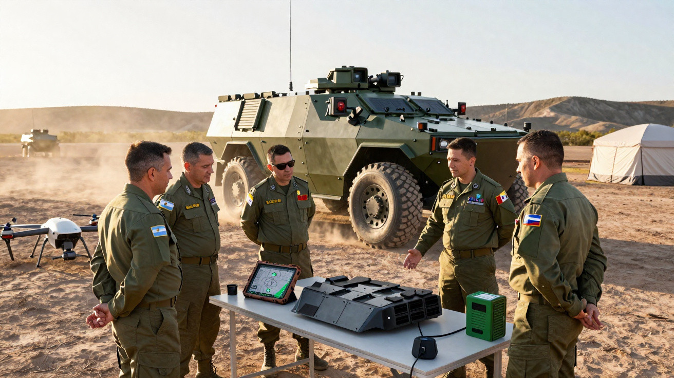 Cinco militares em uniforme verde discutem equipamentos sobre mesa, ao lado de veículo blindado em área desértica.