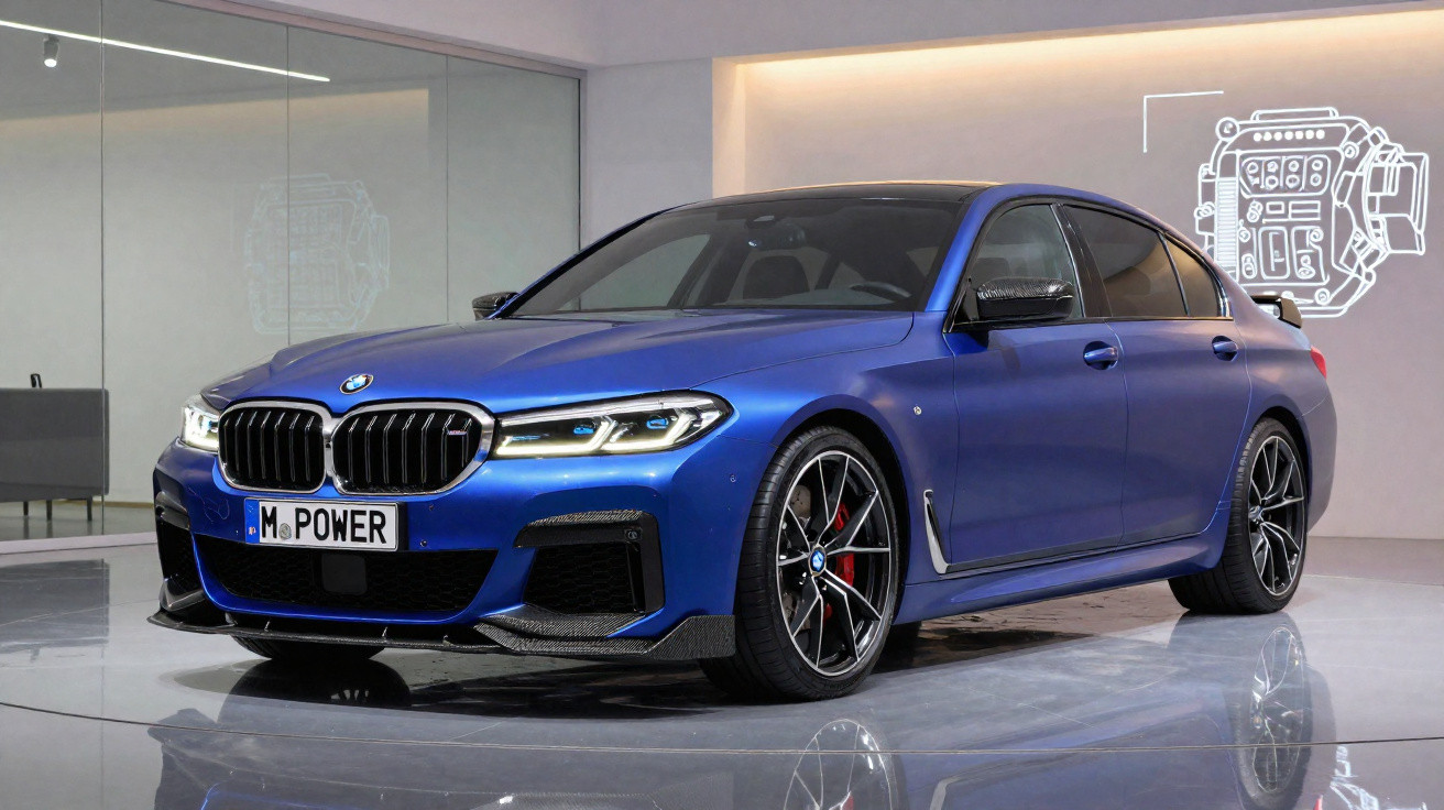 Carro esportivo BMW azul metálico estacionado em ambiente interno com iluminação suave e decoração moderna.