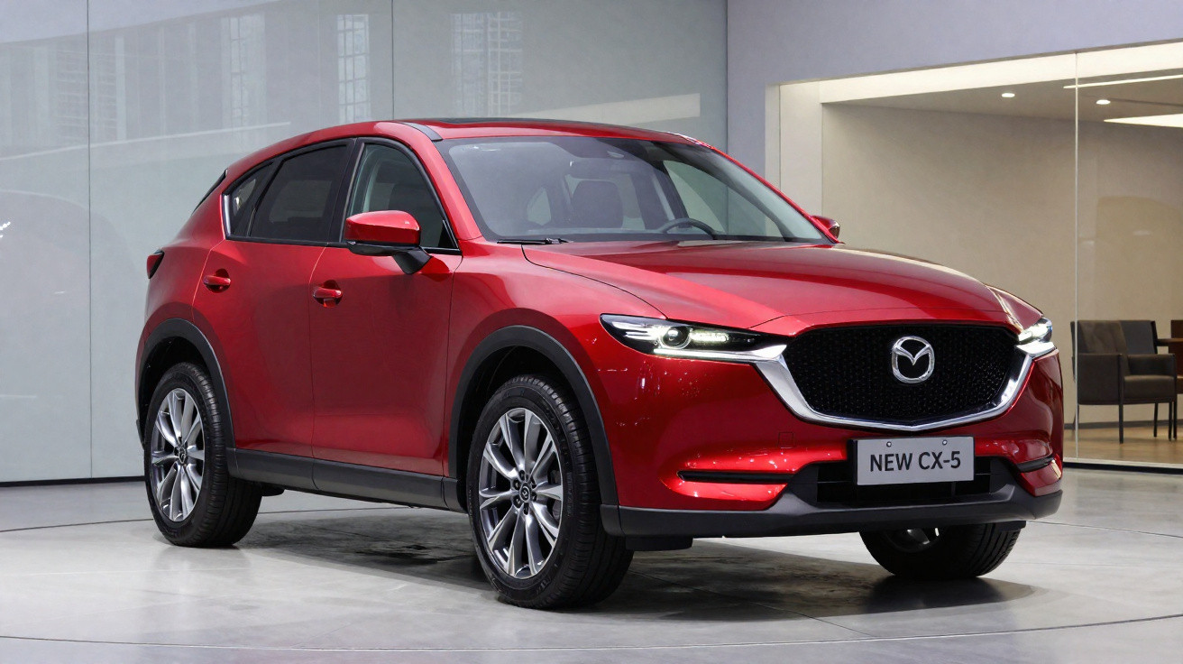 Carro SUV vermelho Mazda New CX-5 estacionado em ambiente interno moderno.