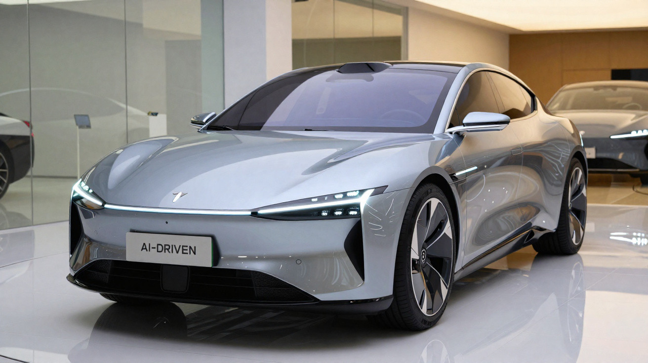Carro elétrico cinza prateado com design futurista e placa escrita AI-DRIVEN em ambiente interno moderno.
