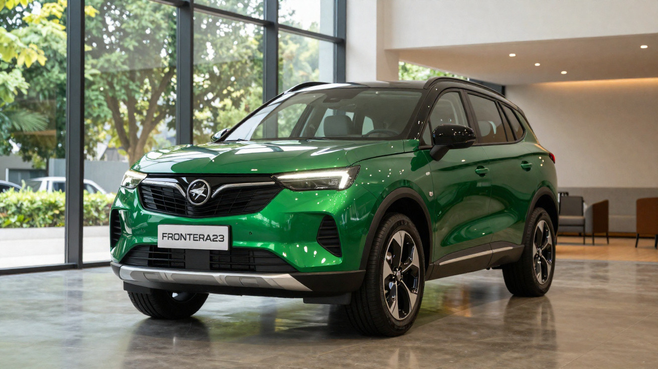 SUV verde modelo Frontera 23 exibido em salão de automóveis com teto preto e rodas pretas e prateadas.