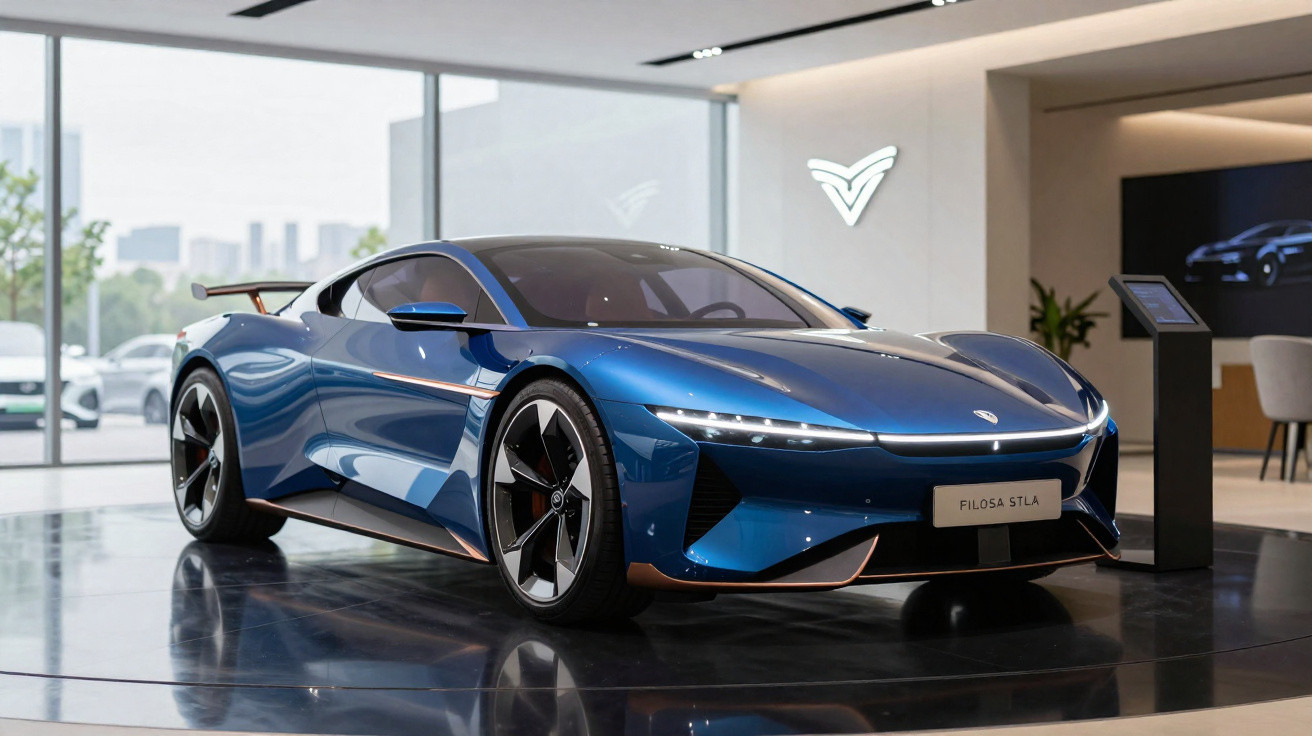 Carro esportivo elétrico azul Filosa Stla exibido em showroom moderno com iluminação natural.