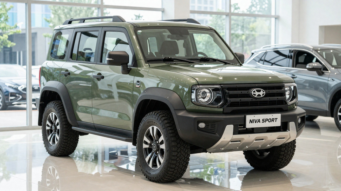 SUV verde militar Niva Sport estacionado em showroom com piso reflexivo e janela grande ao fundo.