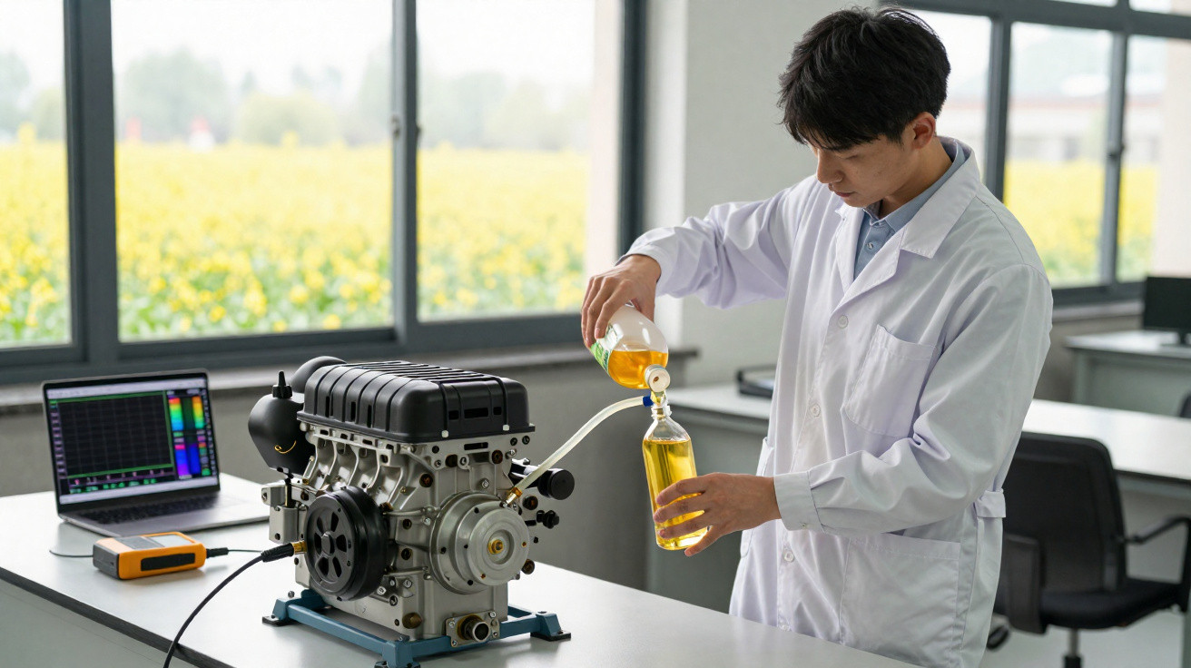 Cientista em laboratório derrama líquido amarelo em frasco próximo a motor e laptop com gráficos na tela.