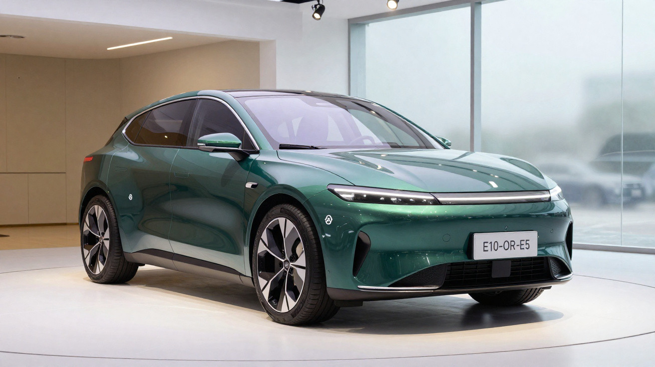 Carro elétrico verde em exposição, com design moderno e faróis finos, em ambiente interno iluminado.