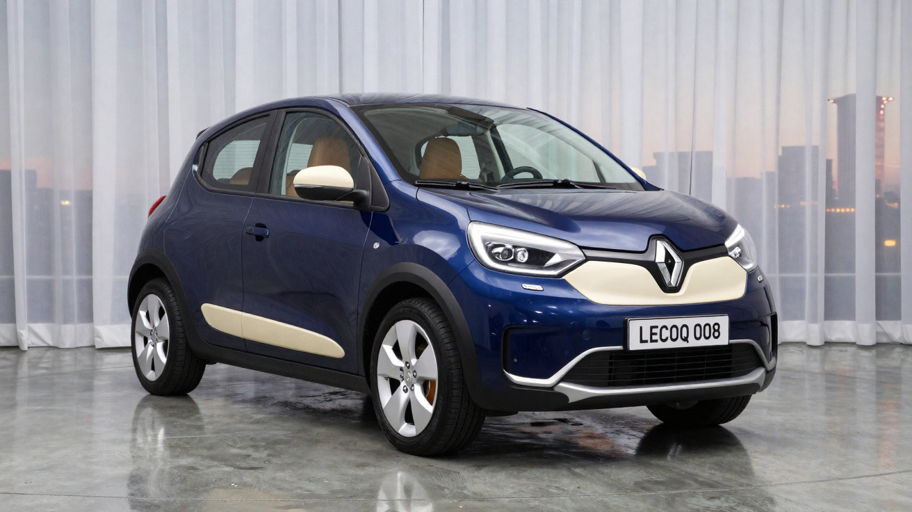 Carro compacto Renault azul com detalhes creme em estúdio iluminado e piso refletivo.