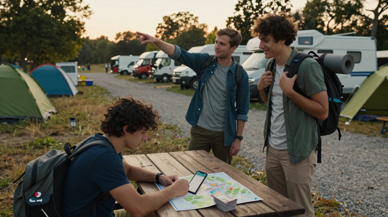 Três jovens com mochilas em camping ao ar livre, com barracas e trailers ao fundo, consultando mapa e celular.