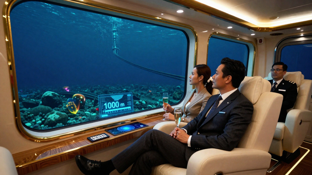 Pessoas elegantemente vestidas observando o fundo do mar a 1000 metros de profundidade em submarino de luxo.