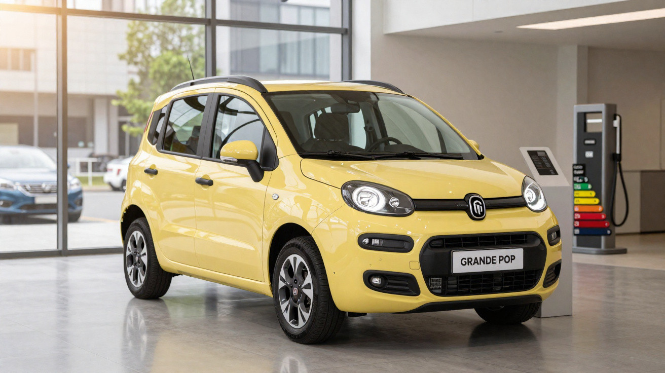Carro compacto amarelo modelo Grande Pop exposto em showroom moderno com piso cinza e grandes janelas.