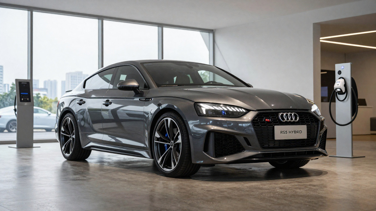 Carro esportivo Audi RS5 Hybrid cinza estacionado em showroom com carregadores elétricos ao fundo.