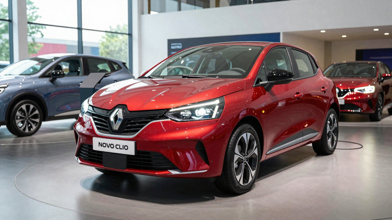 Carro hatch vermelho Renault Novo Clio exposto em showroom moderno com iluminação natural.