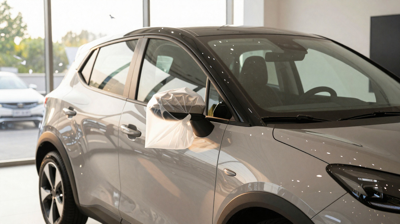 Carro cinza em showroom com retrovisor coberto por proteção plástica branca.