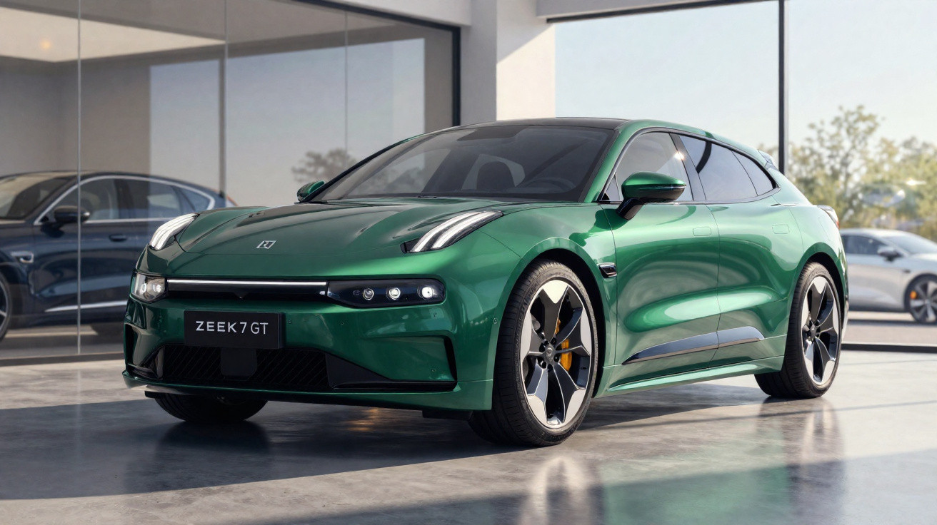 Carro esportivo elétrico verde ZEEK 7 GT estacionado em showroom moderno com grandes janelas.