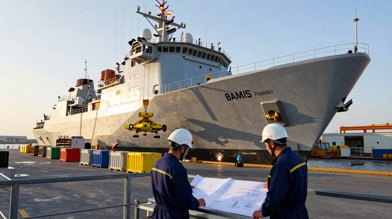 Dois trabalhadores com capacete revisam plantas na doca ao lado de um navio cinza chamado BAMIS Poseidon.