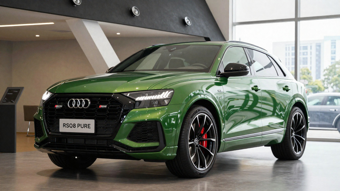 Carro Audi RSQ8 Pure verde em exposição, com rodas pretas e detalhes em vermelho, dentro de showroom moderno.