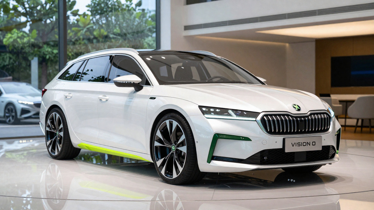 Carro elétrico Škoda Vision 0 branco em exposição interna com detalhes verdes e rodas grandes.
