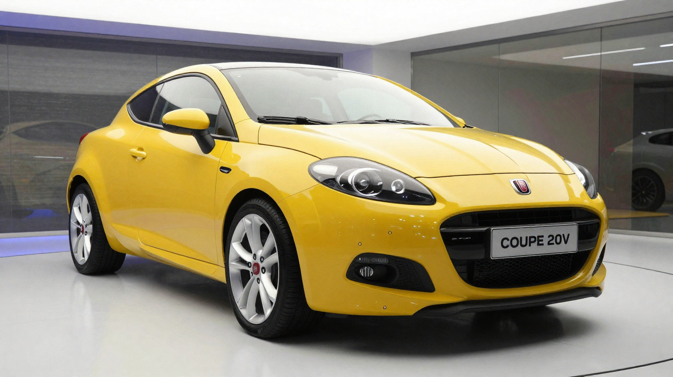 Carro esportivo amarelo modelo coupe estacionado em ambiente interno moderno e iluminado.