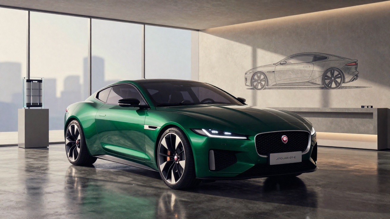 Carro esportivo verde Jaguar estacionado em um showroom moderno com desenho do carro na parede.