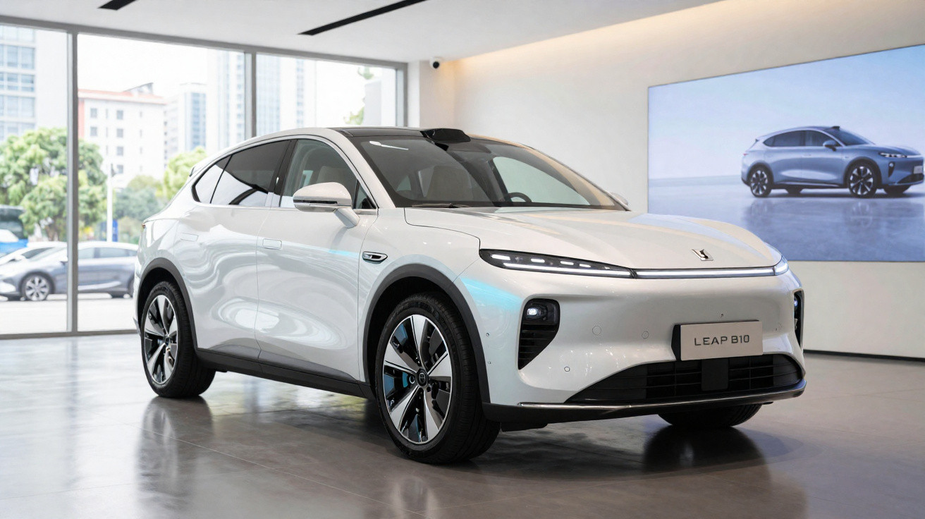 Carro elétrico branco LEAP B10 exibido em showroom moderno com piso refletivo e janelas amplas.
