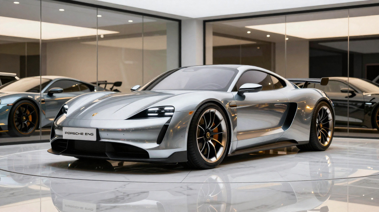 Carro esportivo prata Porsche Taycan em exposição com piso de mármore e paredes espelhadas.