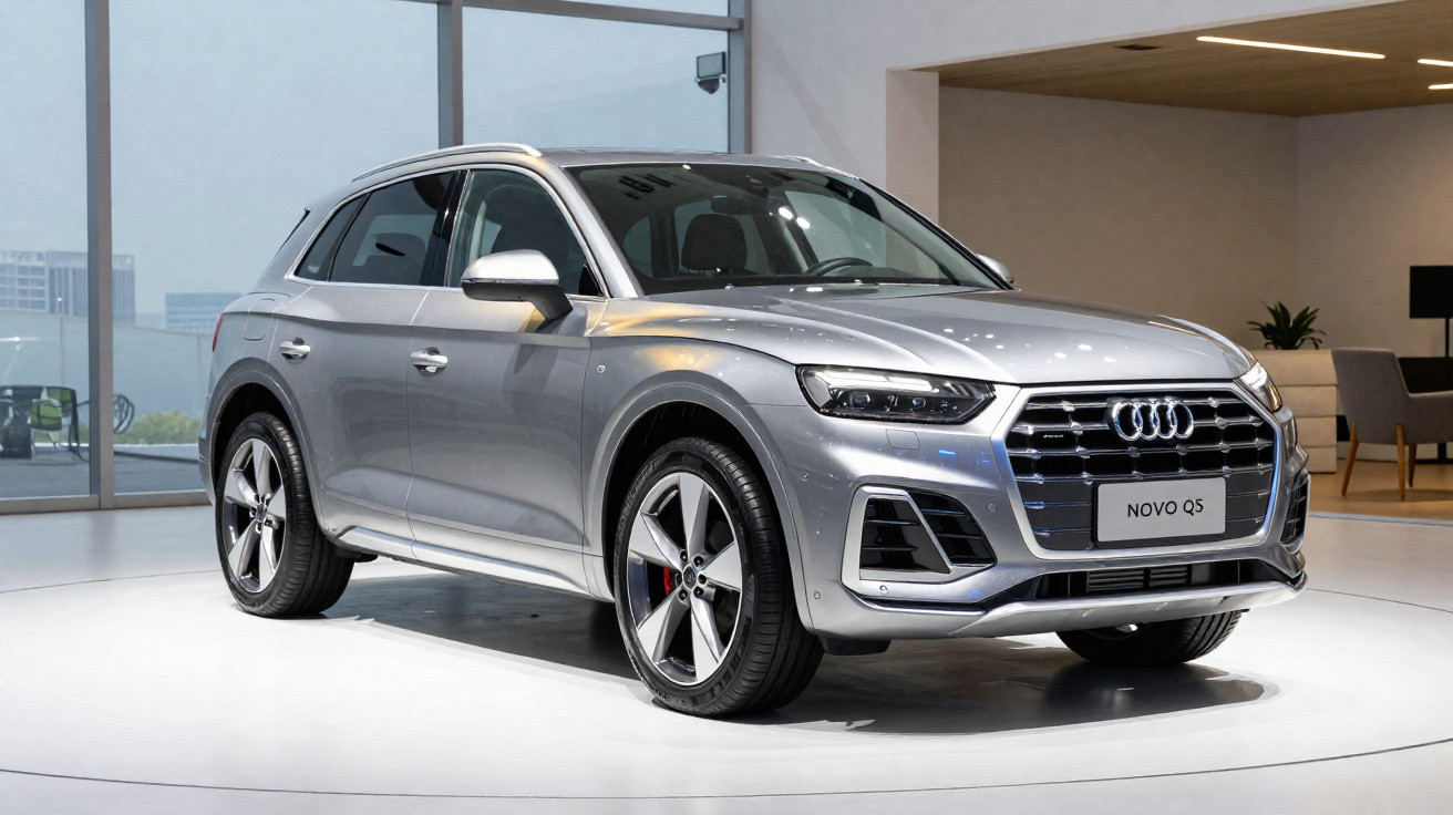 Carro Audi Q5 prata exibido em ambiente interno moderno, com iluminação destacando detalhes do veículo.