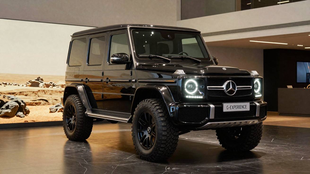 SUV Mercedes-Benz G-Class preta com faróis acesos em ambiente interno de exposição.