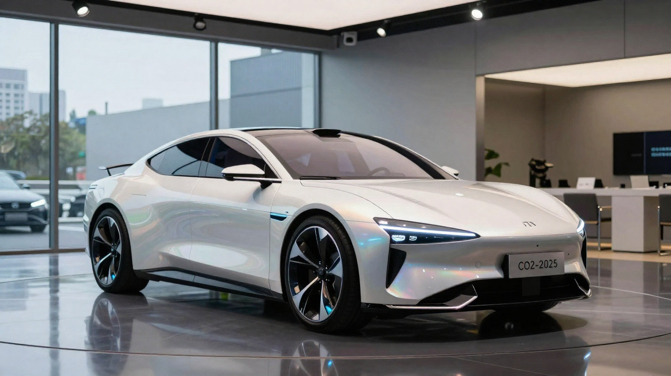 Carro elétrico esportivo branco em exposição interna com design moderno e faróis acesos.