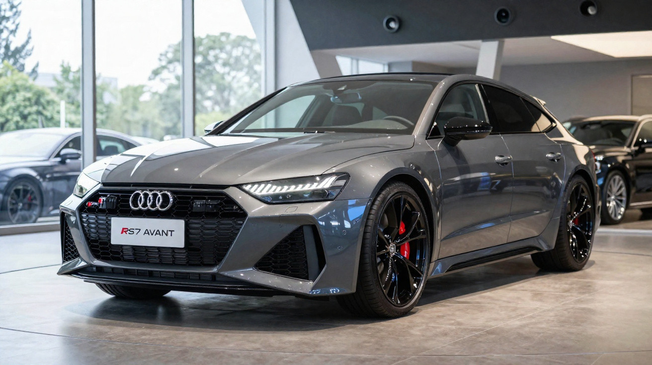 Audi RS7 Avant cinza estacionado dentro de loja com rodas pretas e detalhes vermelhos.