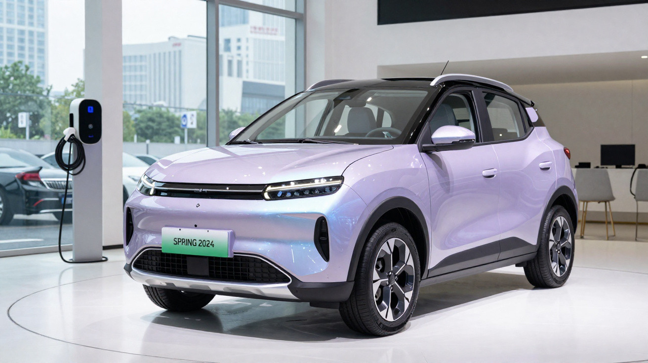 Carro elétrico SUV compacto prata exposto em showroom moderno com carregador ao lado.