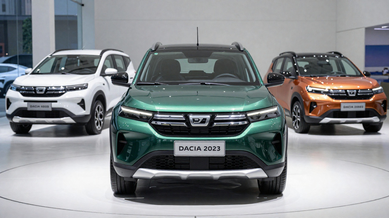 Três SUVs Dacia 2023 em exposição, nas cores verde, branca e laranja, em ambiente interno iluminado.