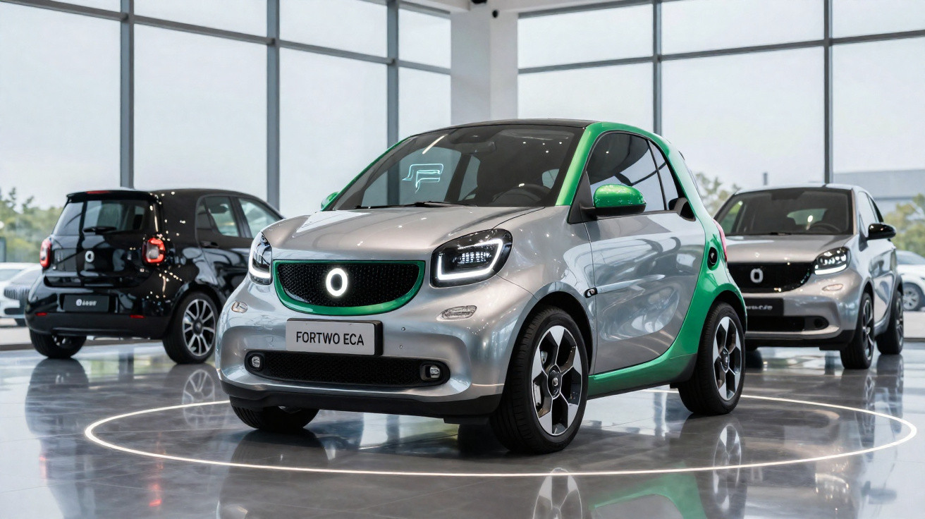 Três carros elétricos compactos Smart expostos em showroom moderno com chão refletivo e janelas amplas.