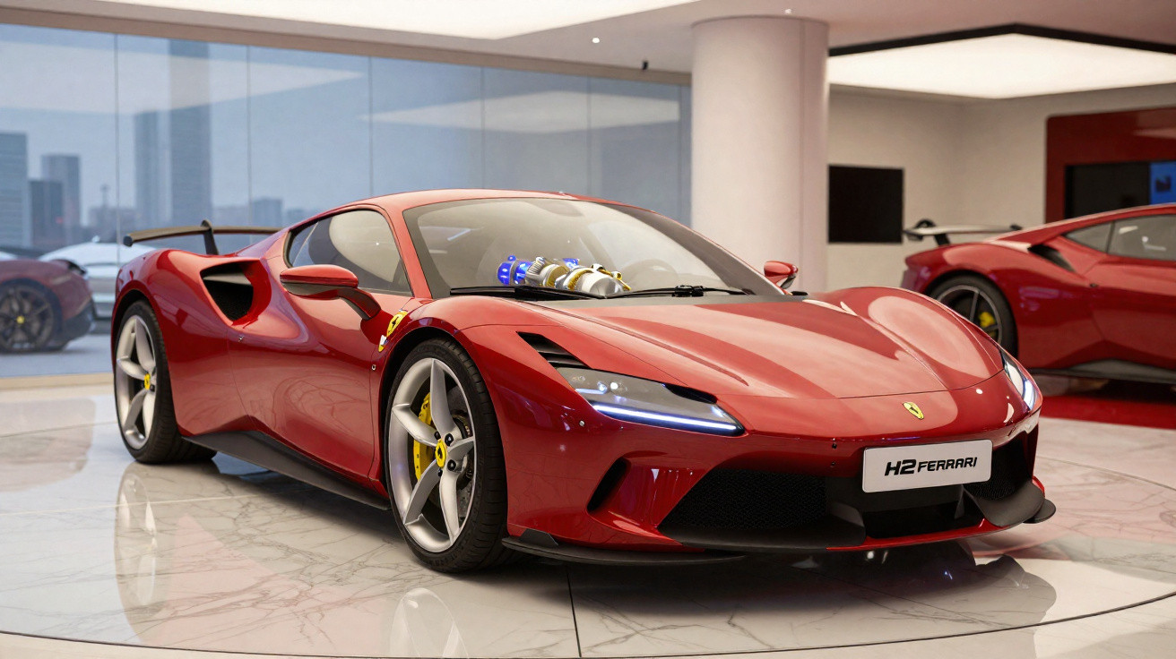 Carro esportivo vermelho Ferrari H2 em exposição interna com detalhes aerodinâmicos e rodas prata.