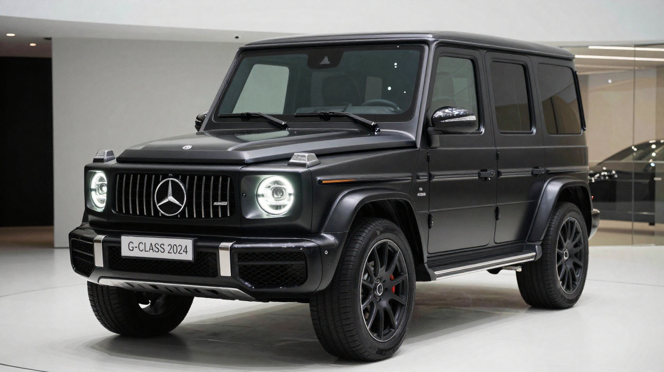 Mercedes-Benz G-Class 2024 preta exibida em ambiente interno, vista frontal lateral direita.