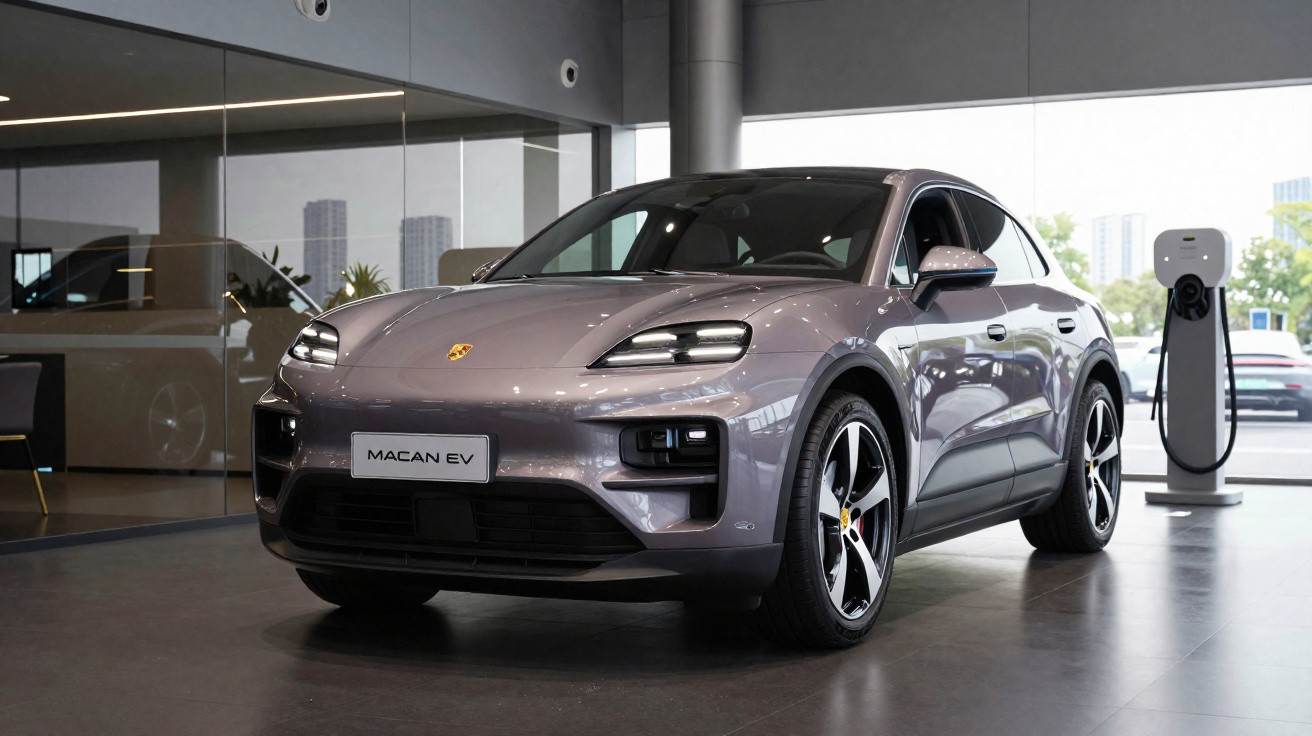 Carro elétrico Porsche Macan EV cinza exposto em showroom ao lado de estação de recarga.