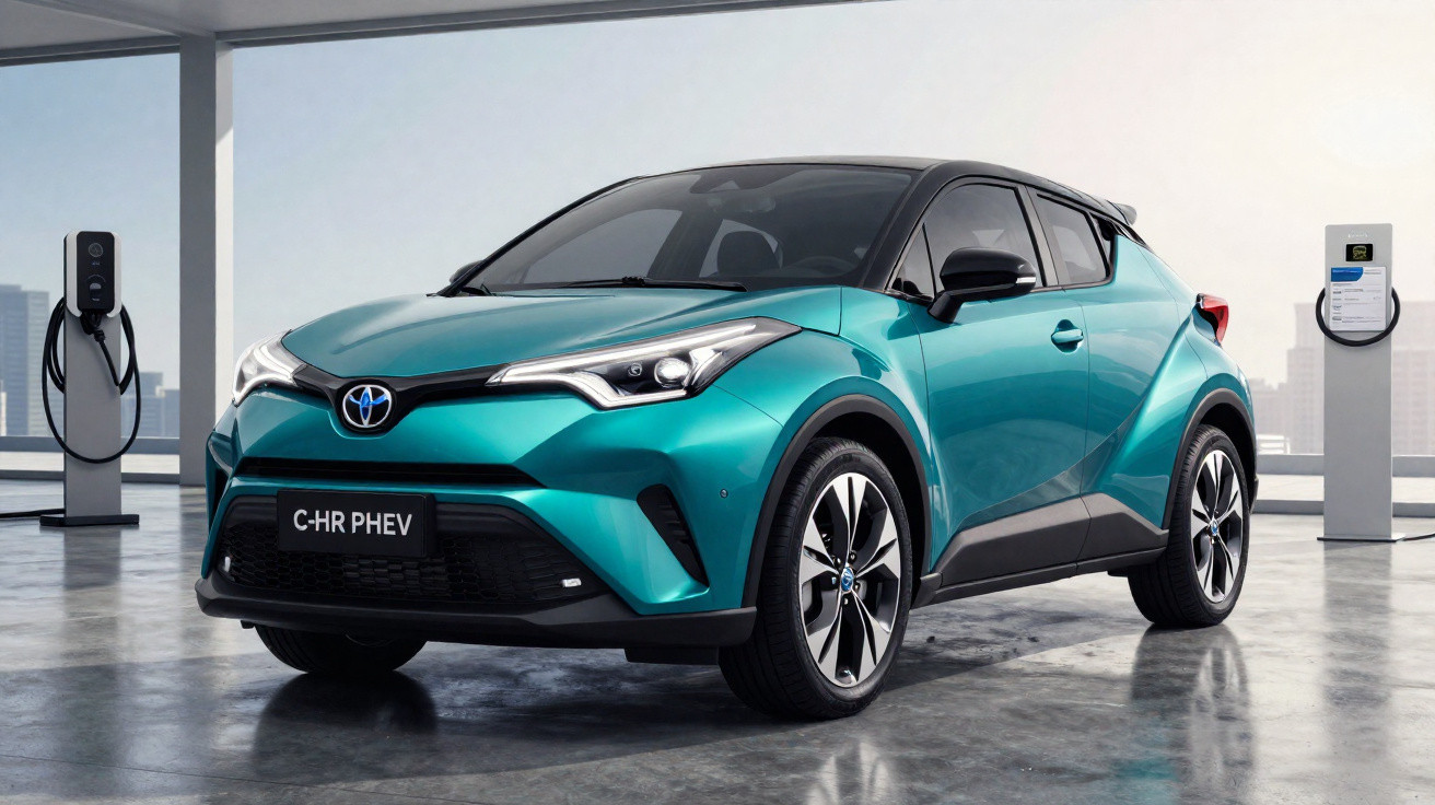 Carro híbrido Toyota C-HR PHEV azul em ambiente moderno com pontos de recarga elétrica.