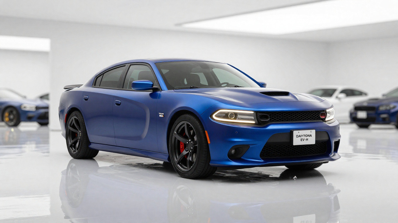 Carro esportivo azul metálico Dodge Charger Daytona EV-H em ambiente interno branco e brilhante.