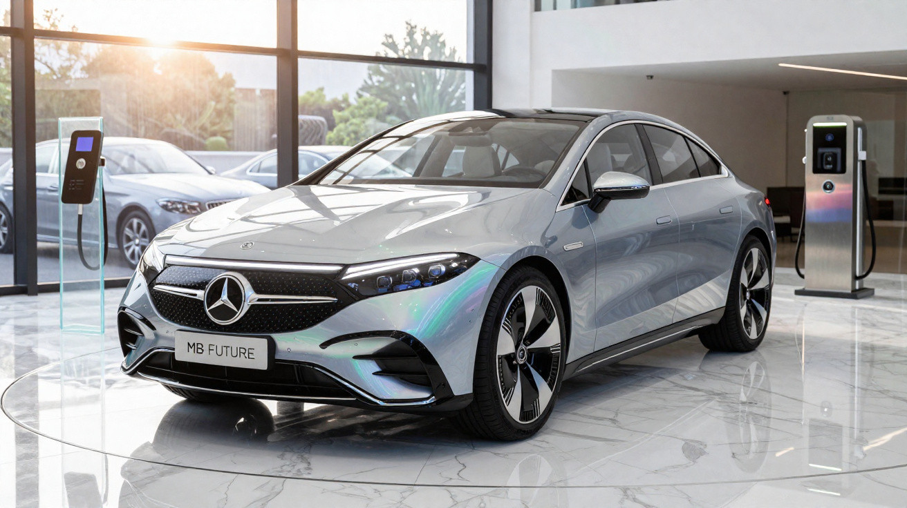 Carro elétrico Mercedes-Benz prata estacionado em showroom moderno com carregadores ao redor.
